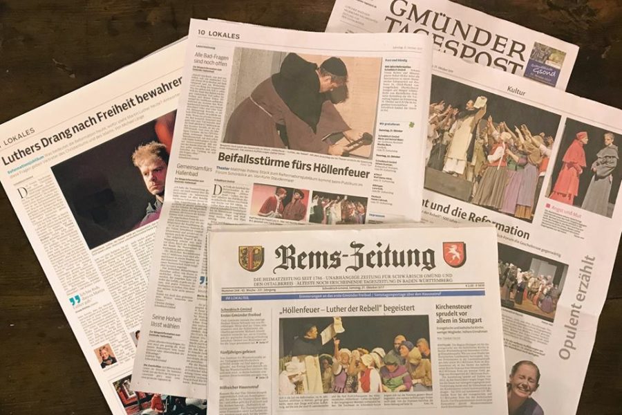 Presseartikel und Zeitungsberichte vom Schauspiel/Theaterstück „Höllenfeuer – Luther der Rebell“ mit Benjamin Stoll als Martin Luther